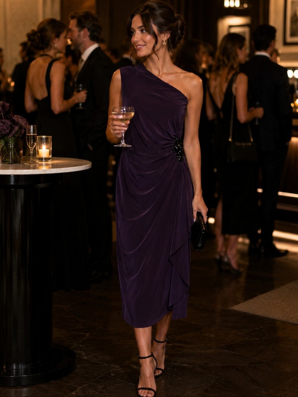 American Living One Shoulder Purple Formal Midi Dress